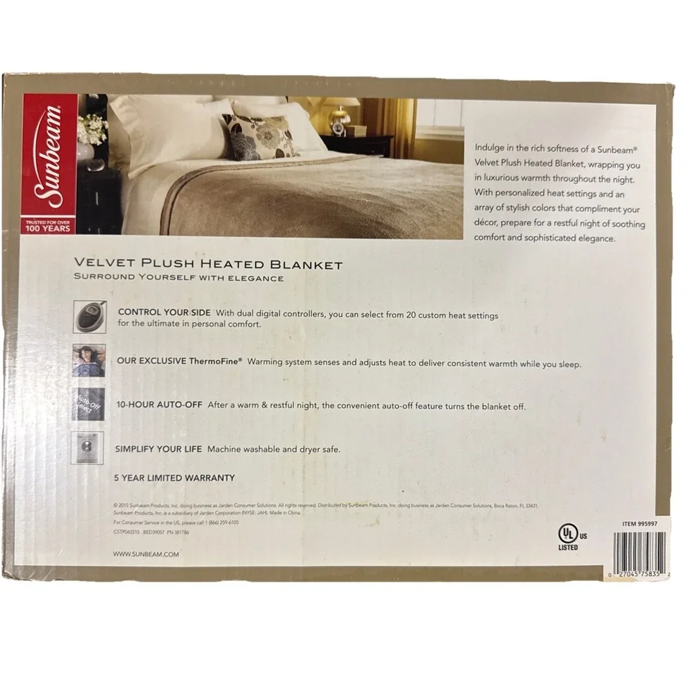 NEW Sunbeam 20 Settings Heated Velvet‎ Plush Blanket King Size 100
